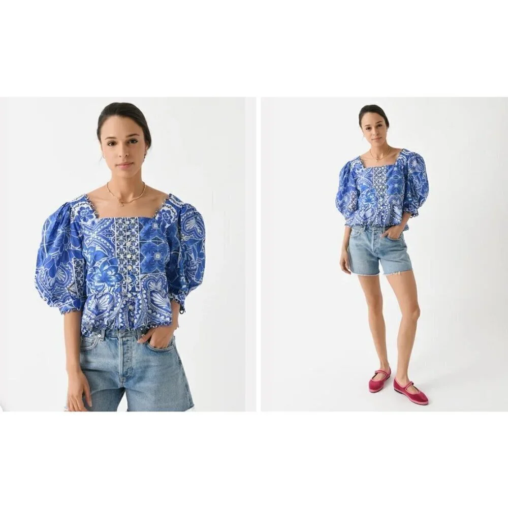 💕FARM RIO💕 Blue Tile Dream Short Sleeve Blouse ~ Floral Large L NWT *DAMAGED*